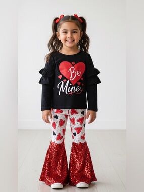 ❤️ Adorable Kids Set – Black Top with Matching Pants – Size 5-6 “Be Mine”